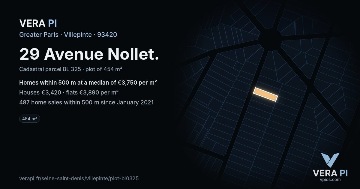 29 Avenue Nollet, Villepinte at night – the plot lit, the parcels around coloured by the prices near them