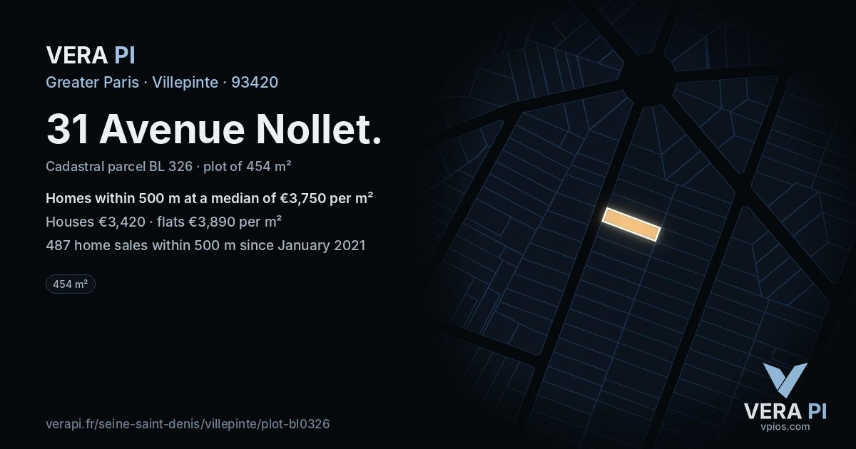 31 Avenue Nollet, Villepinte at night – the plot lit, the parcels around coloured by the prices near them