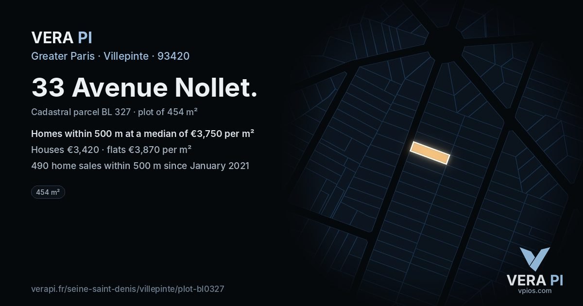 33 Avenue Nollet, Villepinte at night – the plot lit, the parcels around coloured by the prices near them
