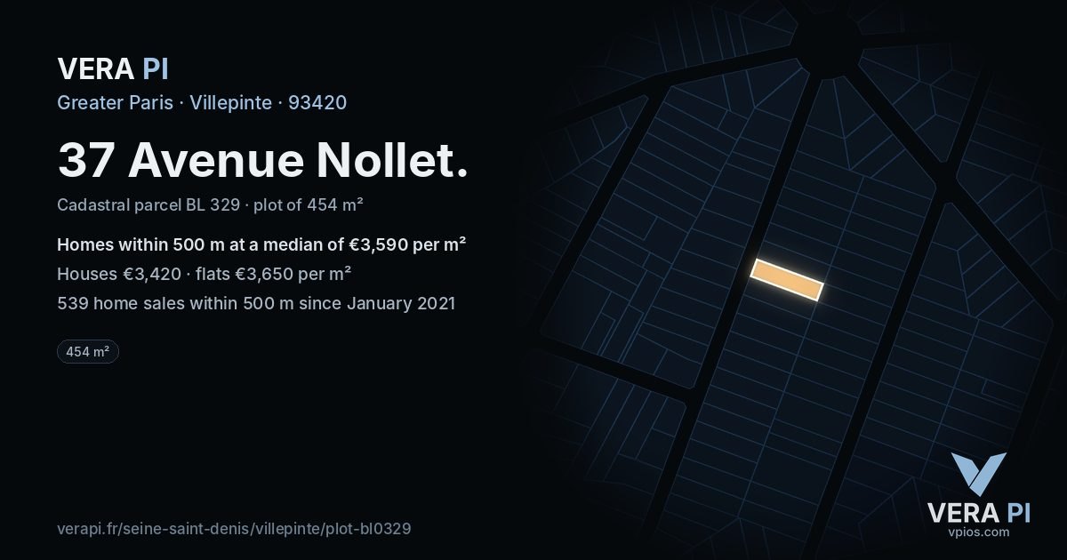 37 Avenue Nollet, Villepinte at night – the plot lit, the parcels around coloured by the prices near them