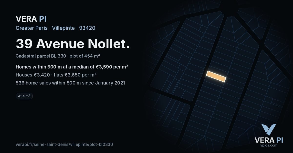 39 Avenue Nollet, Villepinte at night – the plot lit, the parcels around coloured by the prices near them