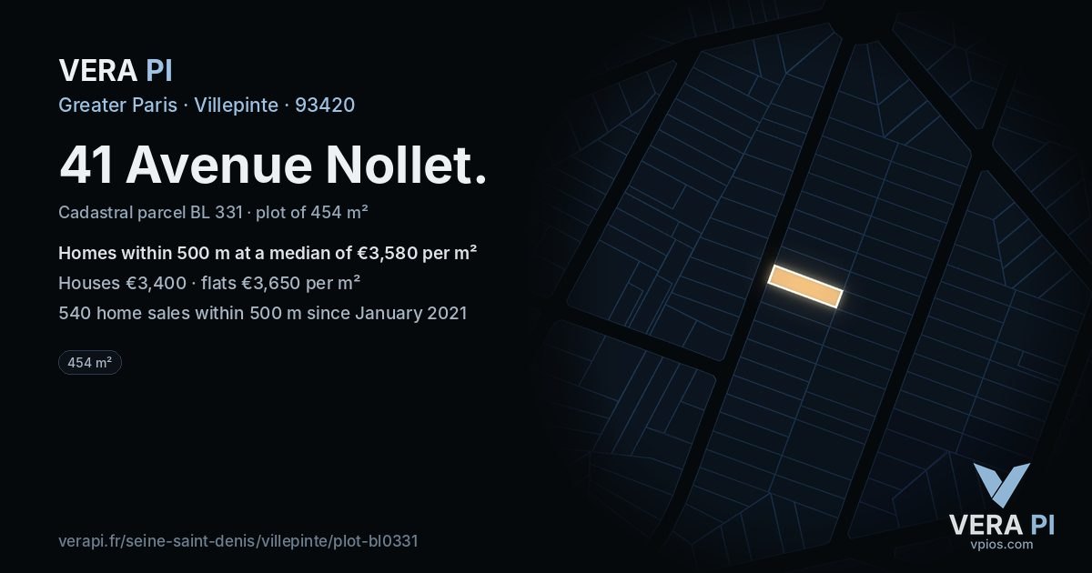 41 Avenue Nollet, Villepinte at night – the plot lit, the parcels around coloured by the prices near them