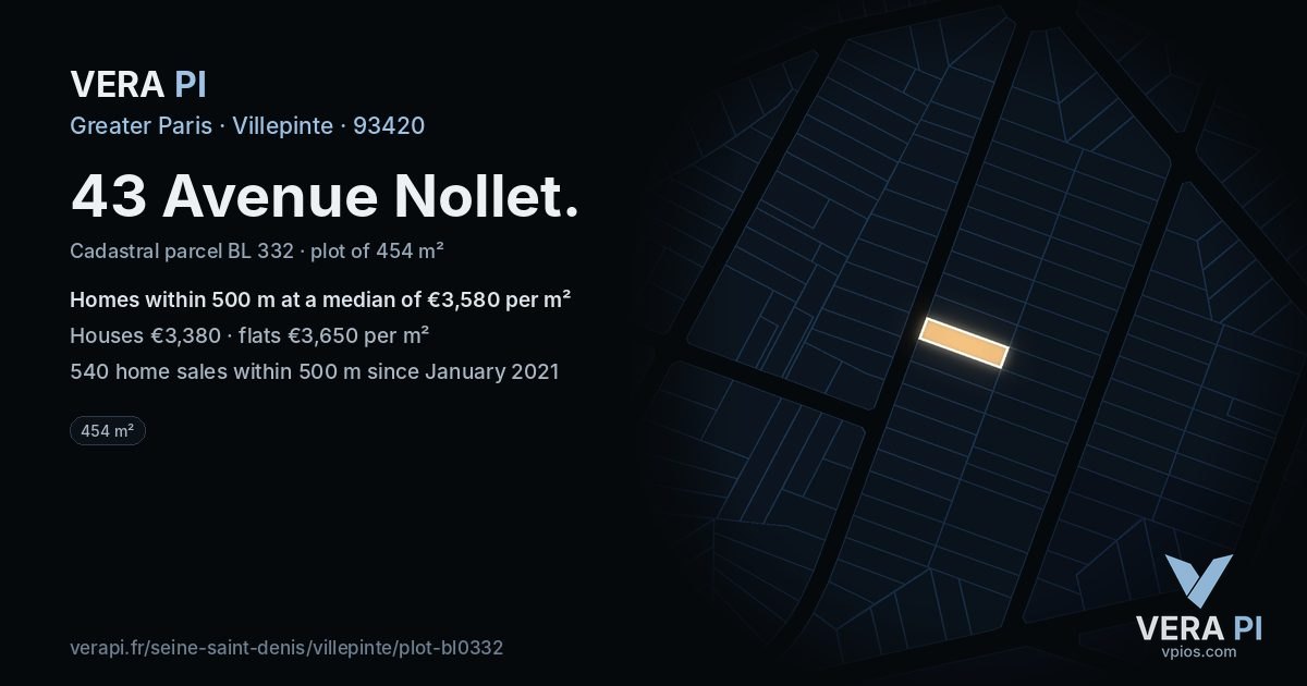 43 Avenue Nollet, Villepinte at night – the plot lit, the parcels around coloured by the prices near them