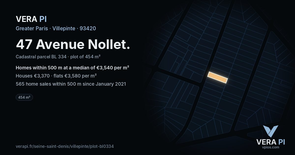 47 Avenue Nollet, Villepinte at night – the plot lit, the parcels around coloured by the prices near them