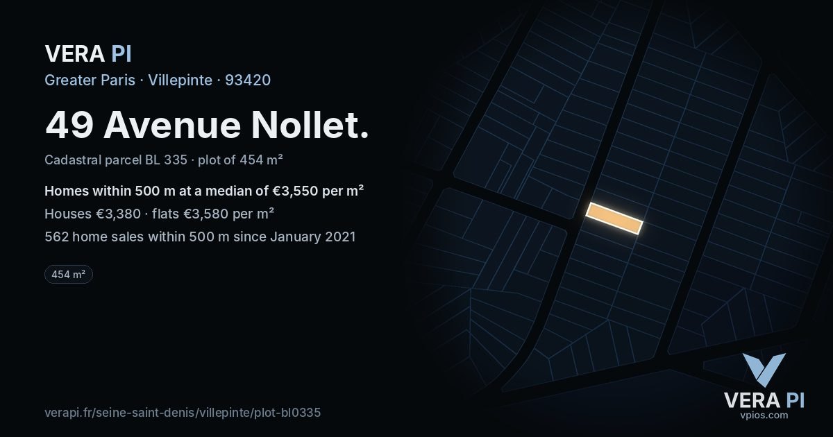 49 Avenue Nollet, Villepinte at night – the plot lit, the parcels around coloured by the prices near them