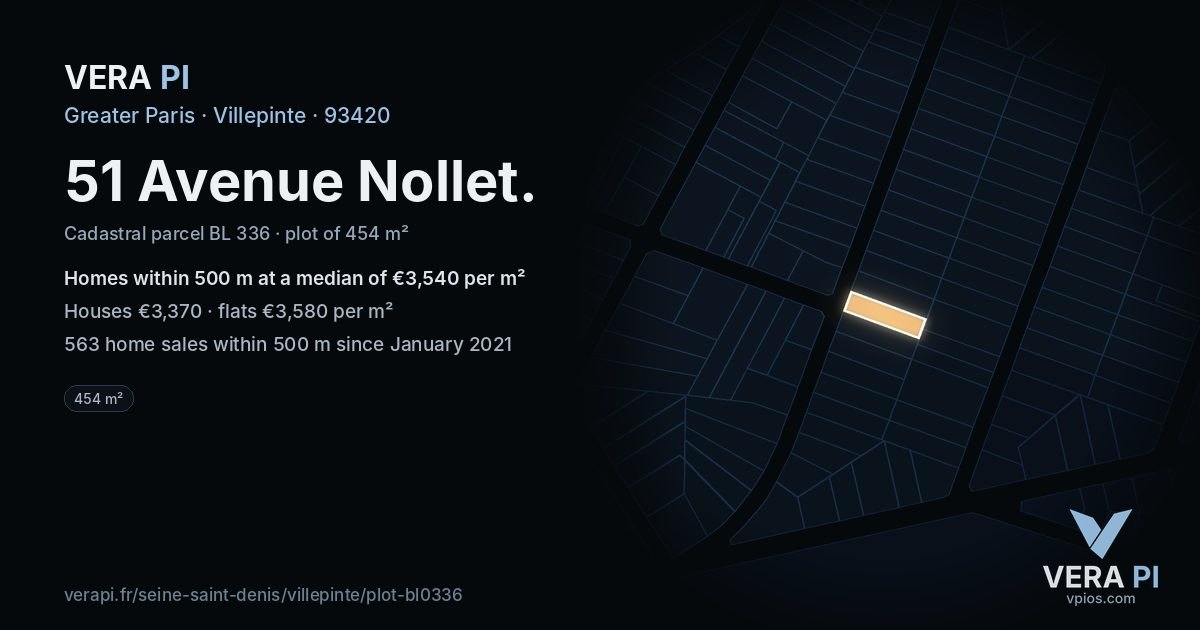 51 Avenue Nollet, Villepinte at night – the plot lit, the parcels around coloured by the prices near them