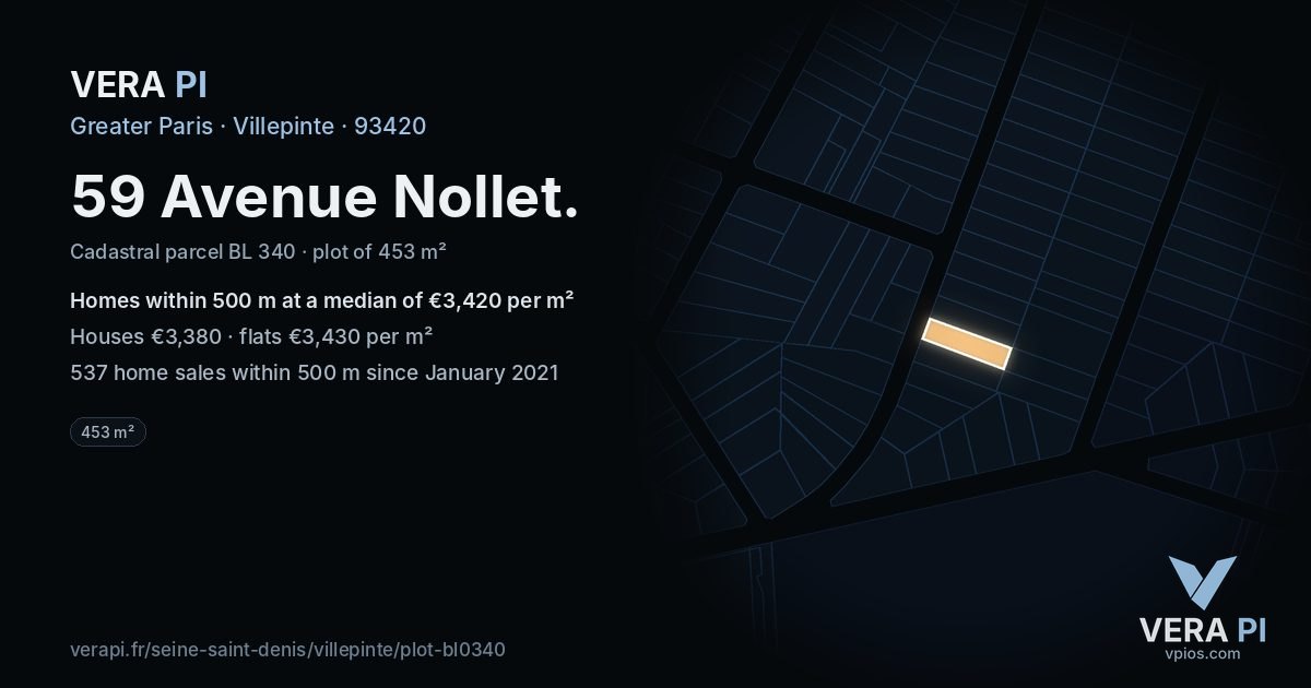 59 Avenue Nollet, Villepinte at night – the plot lit, the parcels around coloured by the prices near them