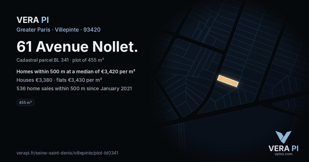 61 Avenue Nollet, Villepinte at night – the plot lit, the parcels around coloured by the prices near them