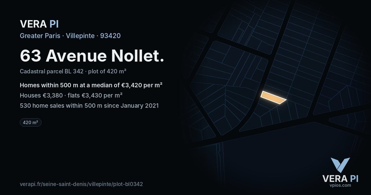 63 Avenue Nollet, Villepinte at night – the plot lit, the parcels around coloured by the prices near them