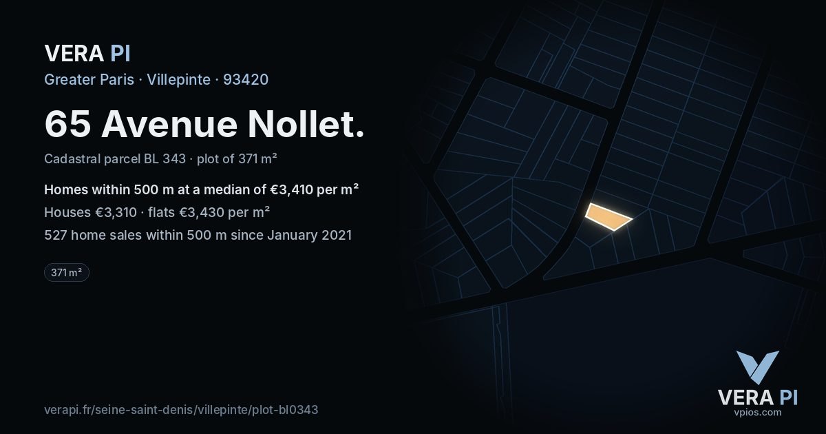 65 Avenue Nollet, Villepinte at night – the plot lit, the parcels around coloured by the prices near them