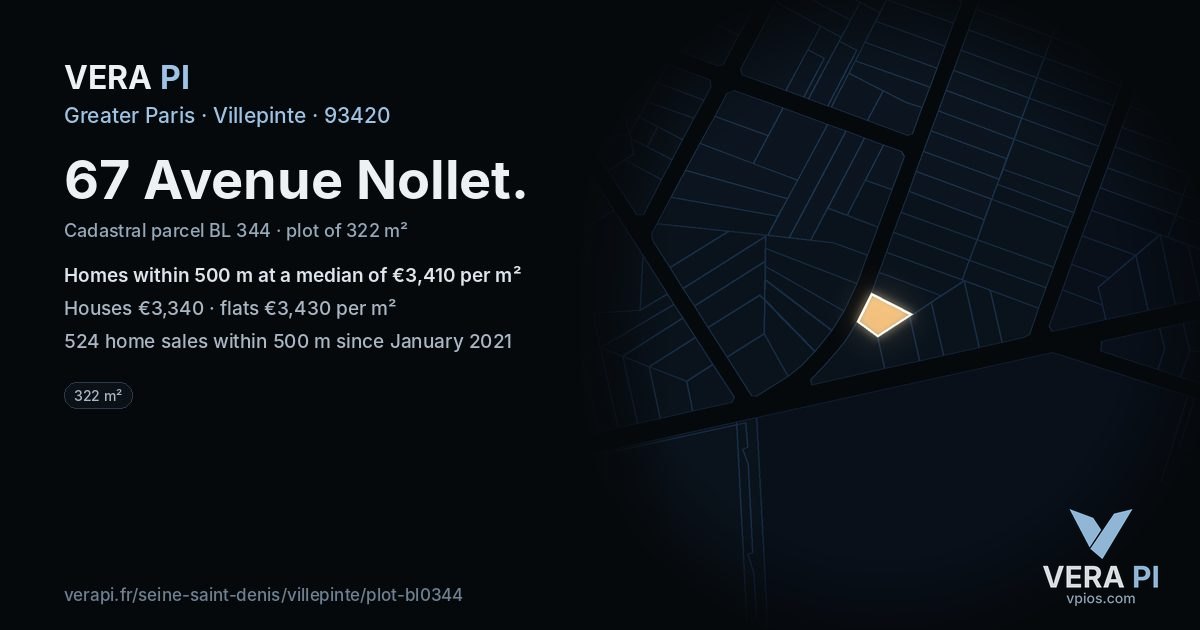 67 Avenue Nollet, Villepinte at night – the plot lit, the parcels around coloured by the prices near them
