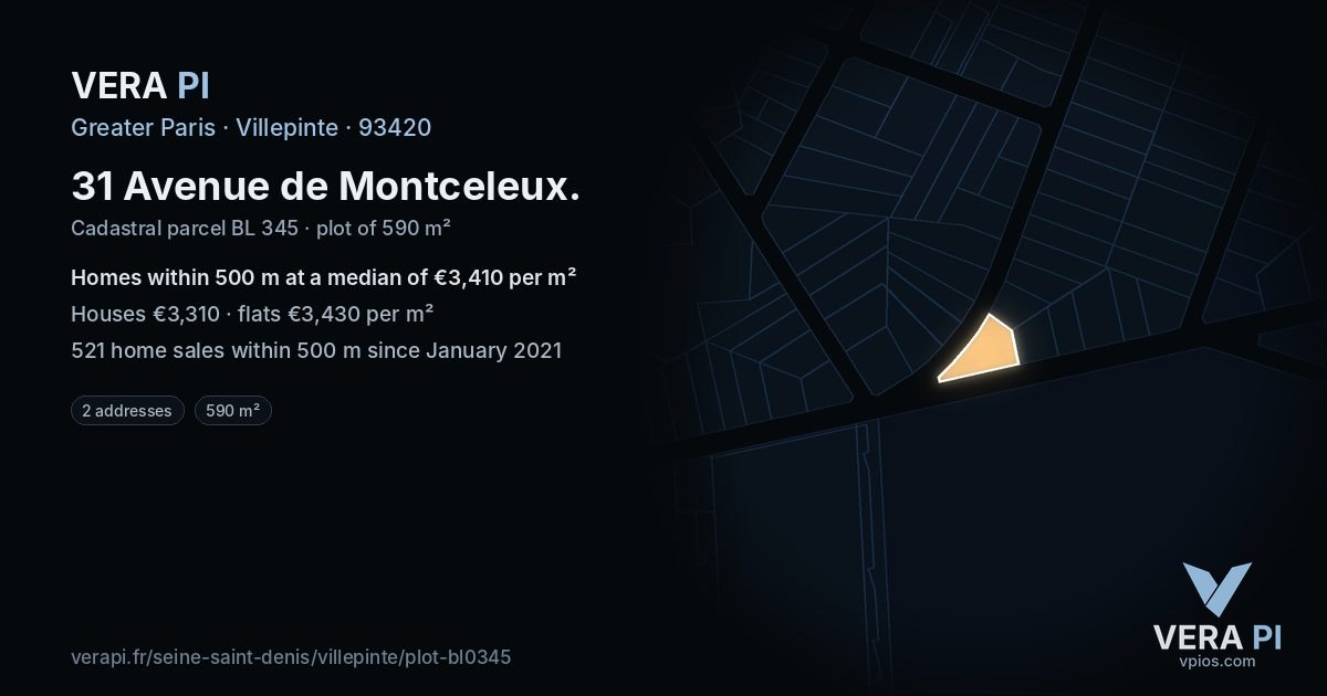 31 Avenue de Montceleux, Villepinte at night – the plot lit, the parcels around coloured by the prices near them