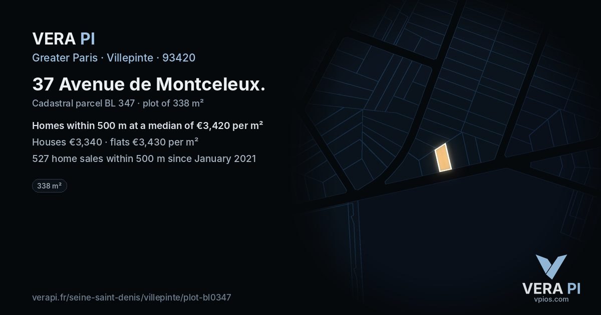 37 Avenue de Montceleux, Villepinte at night – the plot lit, the parcels around coloured by the prices near them