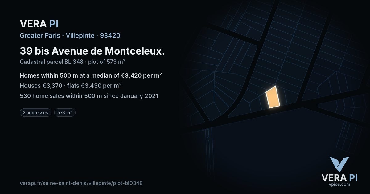 39 bis Avenue de Montceleux, Villepinte at night – the plot lit, the parcels around coloured by the prices near them