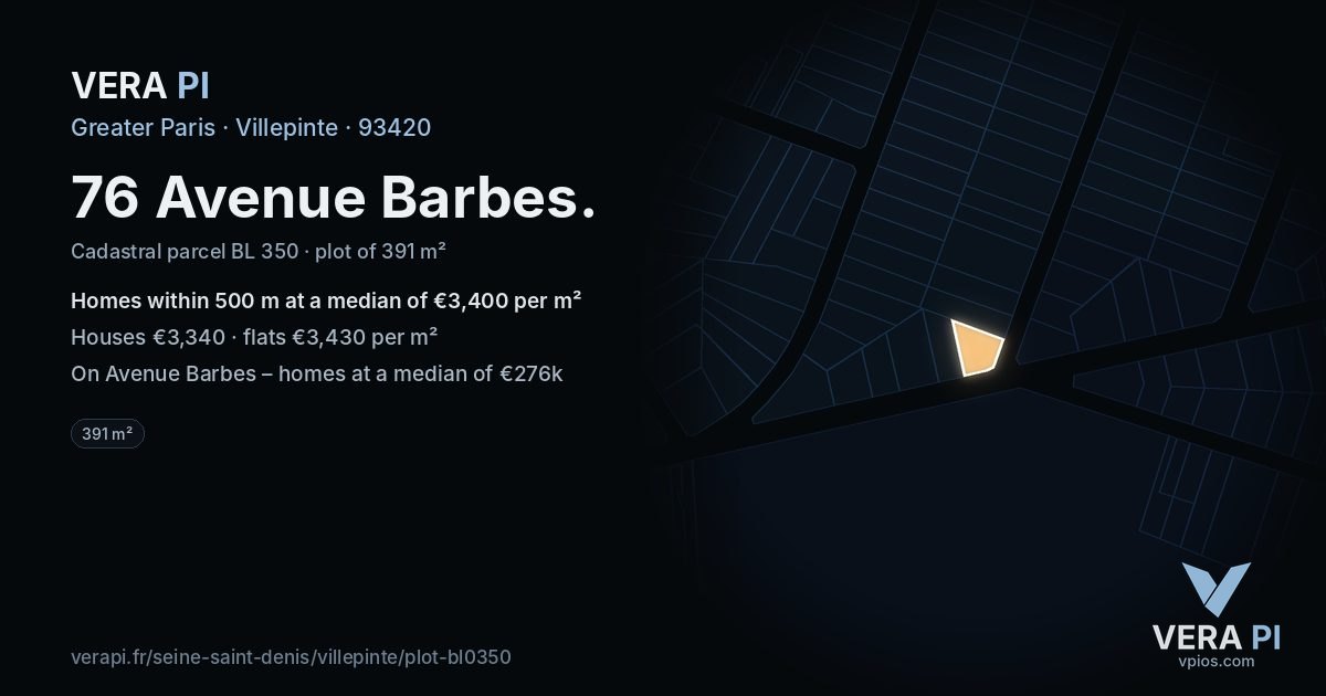76 Avenue Barbes, Villepinte at night – the plot lit, the parcels around coloured by the prices near them