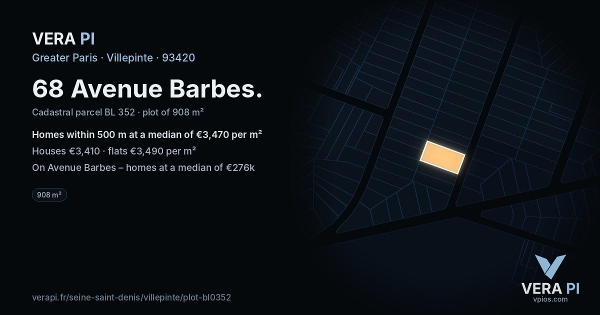 68 Avenue Barbes, Villepinte at night – the plot lit, the parcels around coloured by the prices near them