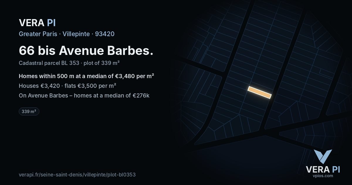 66 bis Avenue Barbes, Villepinte at night – the plot lit, the parcels around coloured by the prices near them