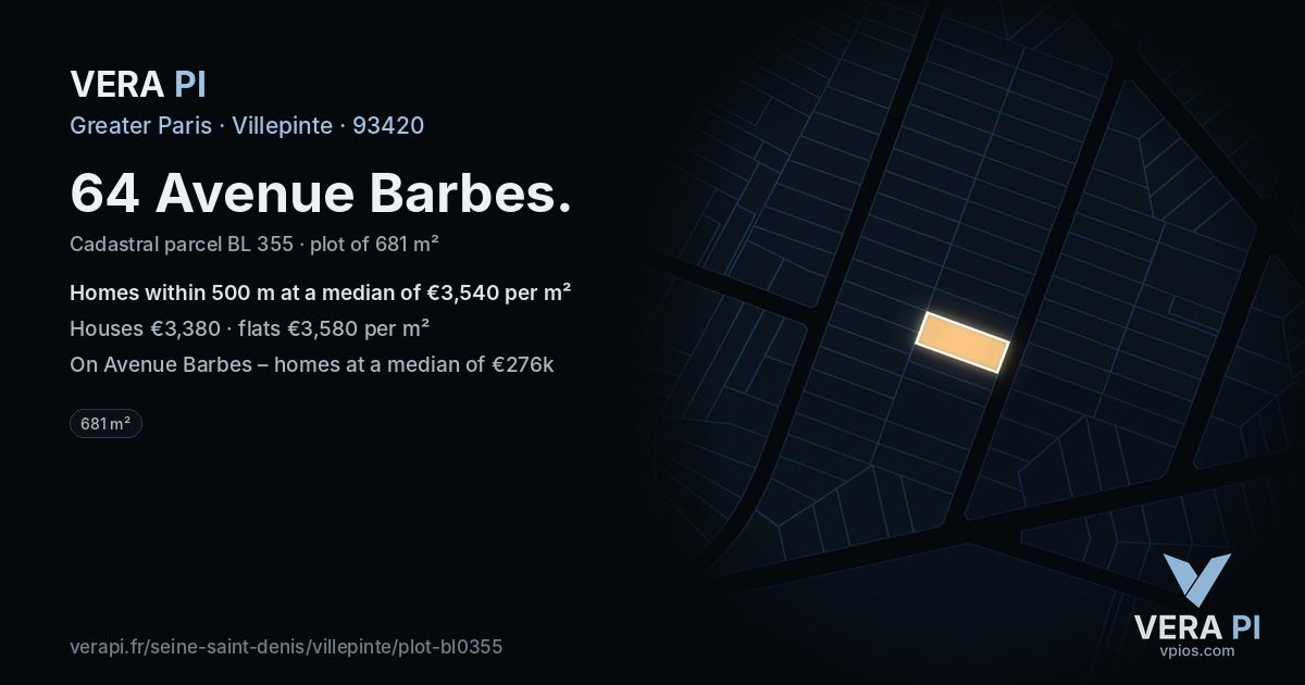 64 Avenue Barbes, Villepinte at night – the plot lit, the parcels around coloured by the prices near them