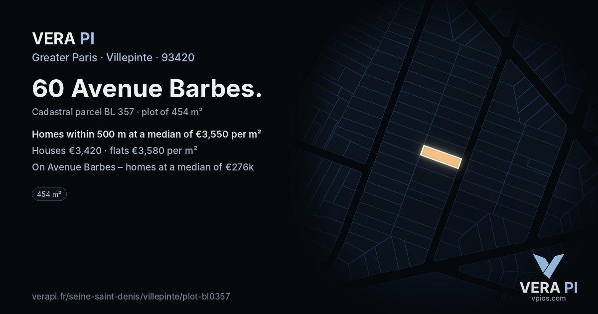 60 Avenue Barbes, Villepinte at night – the plot lit, the parcels around coloured by the prices near them