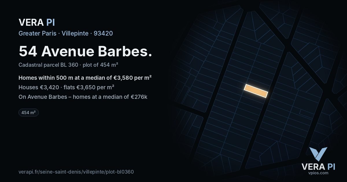 54 Avenue Barbes, Villepinte at night – the plot lit, the parcels around coloured by the prices near them