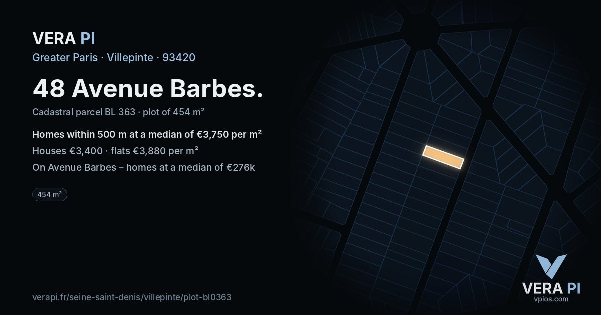 48 Avenue Barbes, Villepinte at night – the plot lit, the parcels around coloured by the prices near them