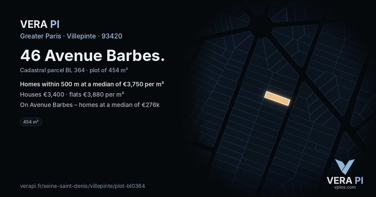 46 Avenue Barbes, Villepinte at night – the plot lit, the parcels around coloured by the prices near them