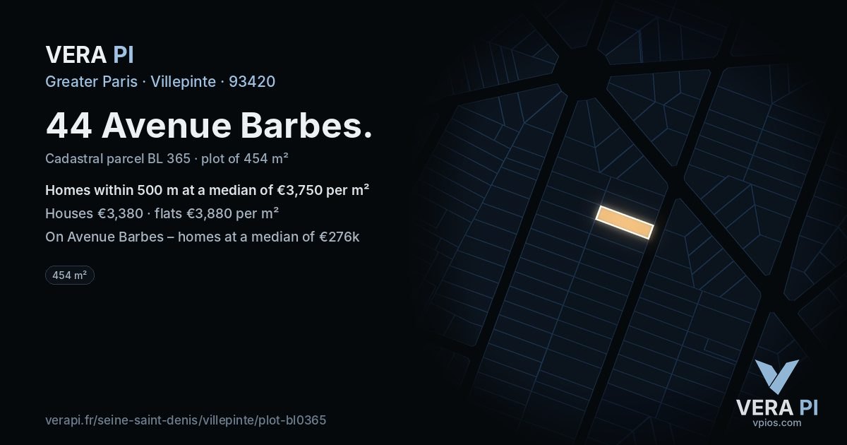 44 Avenue Barbes, Villepinte at night – the plot lit, the parcels around coloured by the prices near them