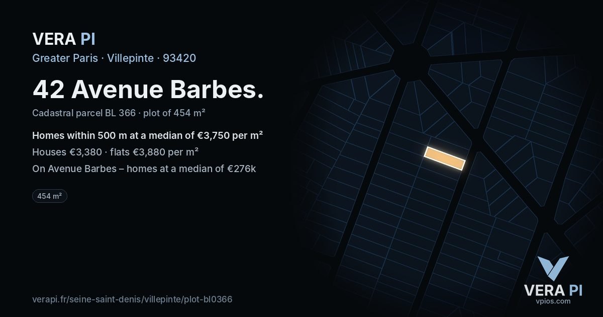 42 Avenue Barbes, Villepinte at night – the plot lit, the parcels around coloured by the prices near them