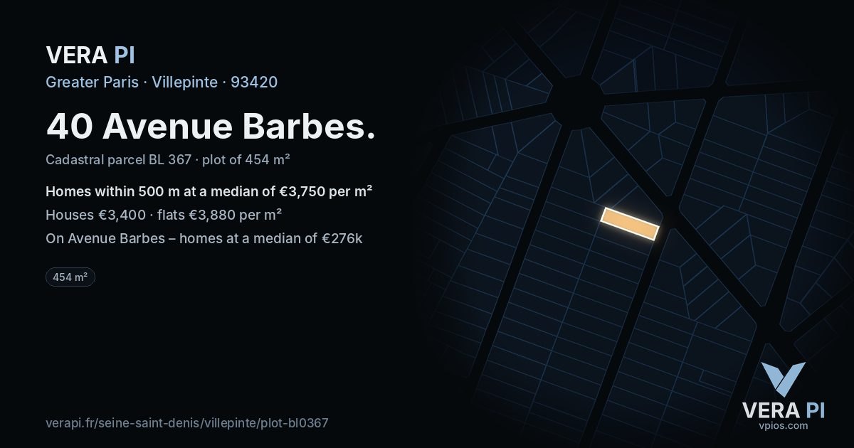 40 Avenue Barbes, Villepinte at night – the plot lit, the parcels around coloured by the prices near them