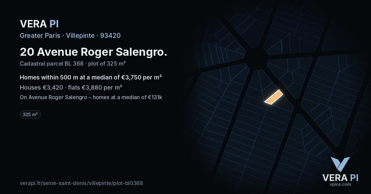 20 Avenue Roger Salengro, Villepinte at night – the plot lit, the parcels around coloured by the prices near them