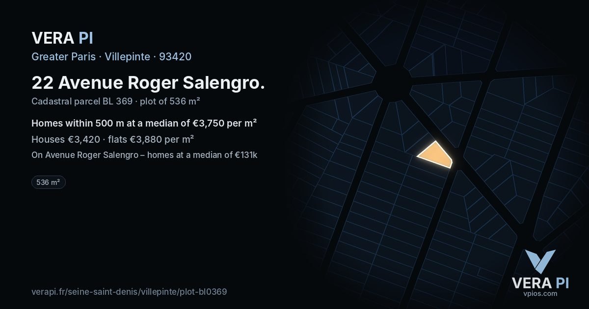 22 Avenue Roger Salengro, Villepinte at night – the plot lit, the parcels around coloured by the prices near them