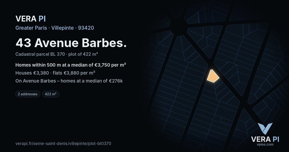 43 Avenue Barbes, Villepinte at night – the plot lit, the parcels around coloured by the prices near them