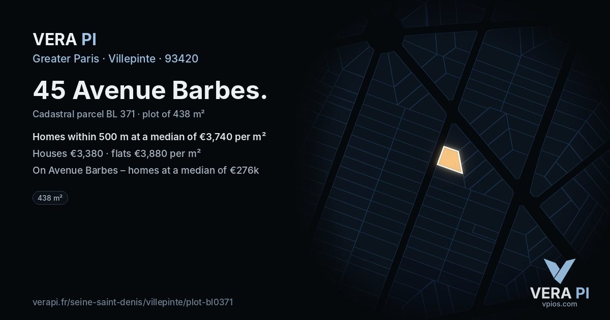 45 Avenue Barbes, Villepinte at night – the plot lit, the parcels around coloured by the prices near them