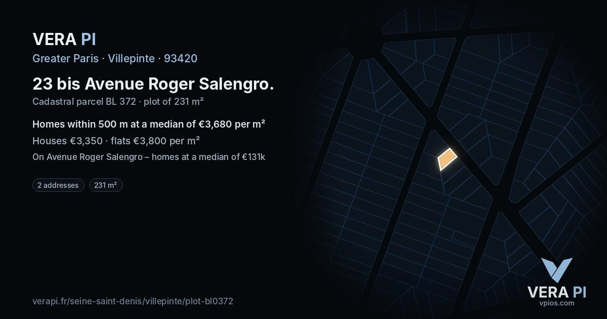 23 bis Avenue Roger Salengro, Villepinte at night – the plot lit, the parcels around coloured by the prices near them