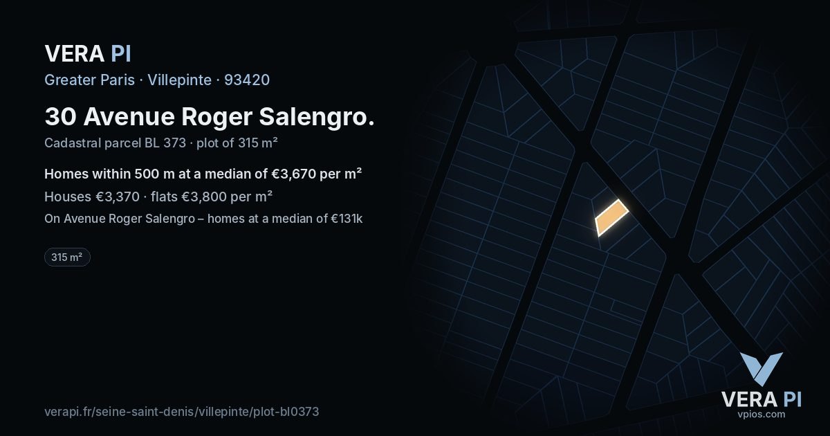 30 Avenue Roger Salengro, Villepinte at night – the plot lit, the parcels around coloured by the prices near them