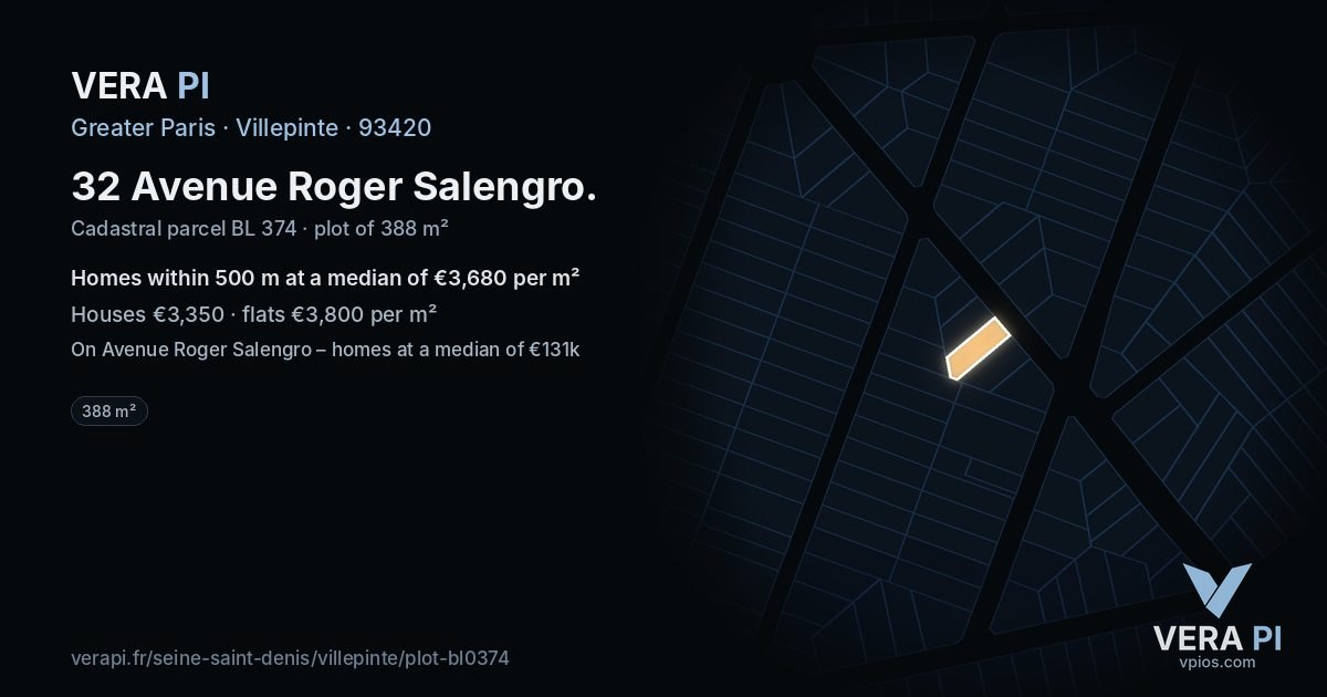 32 Avenue Roger Salengro, Villepinte at night – the plot lit, the parcels around coloured by the prices near them