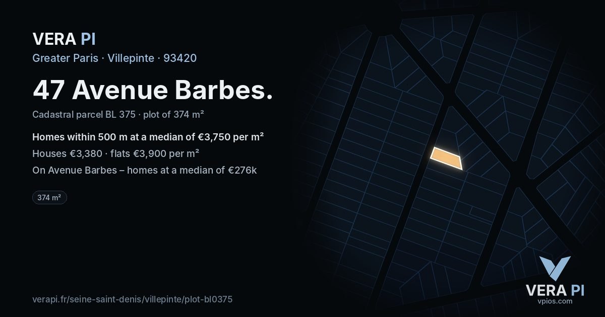 47 Avenue Barbes, Villepinte at night – the plot lit, the parcels around coloured by the prices near them