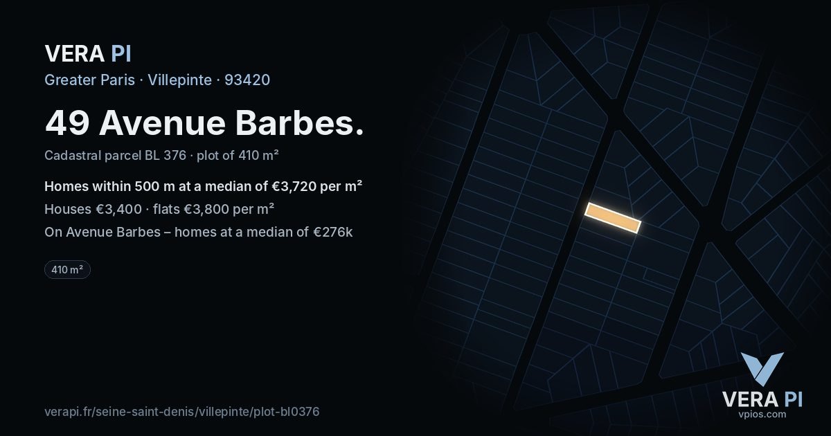 49 Avenue Barbes, Villepinte at night – the plot lit, the parcels around coloured by the prices near them