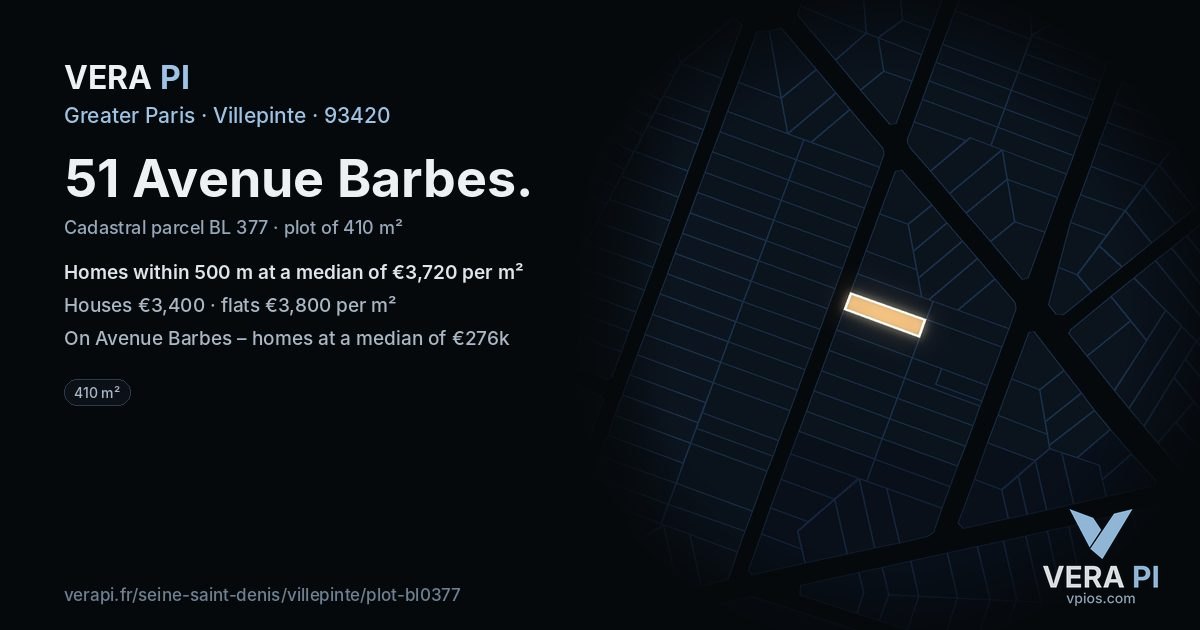 51 Avenue Barbes, Villepinte at night – the plot lit, the parcels around coloured by the prices near them