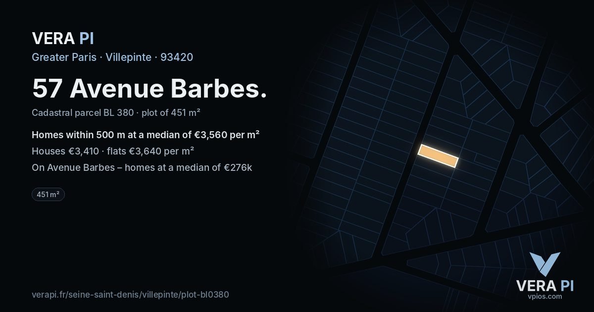57 Avenue Barbes, Villepinte at night – the plot lit, the parcels around coloured by the prices near them
