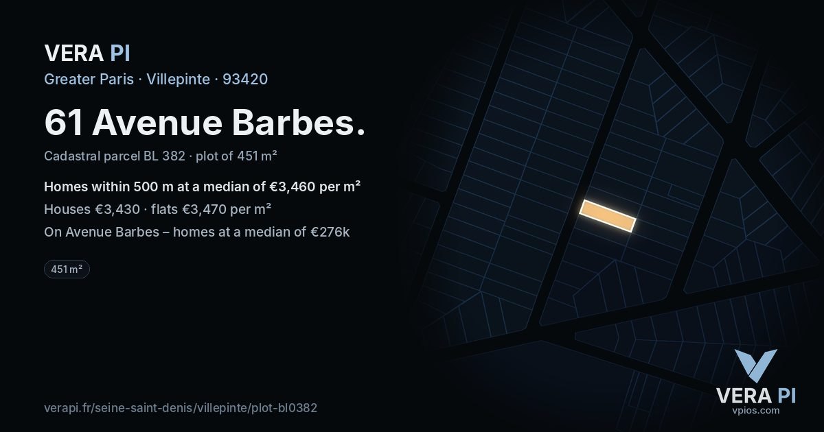 61 Avenue Barbes, Villepinte at night – the plot lit, the parcels around coloured by the prices near them