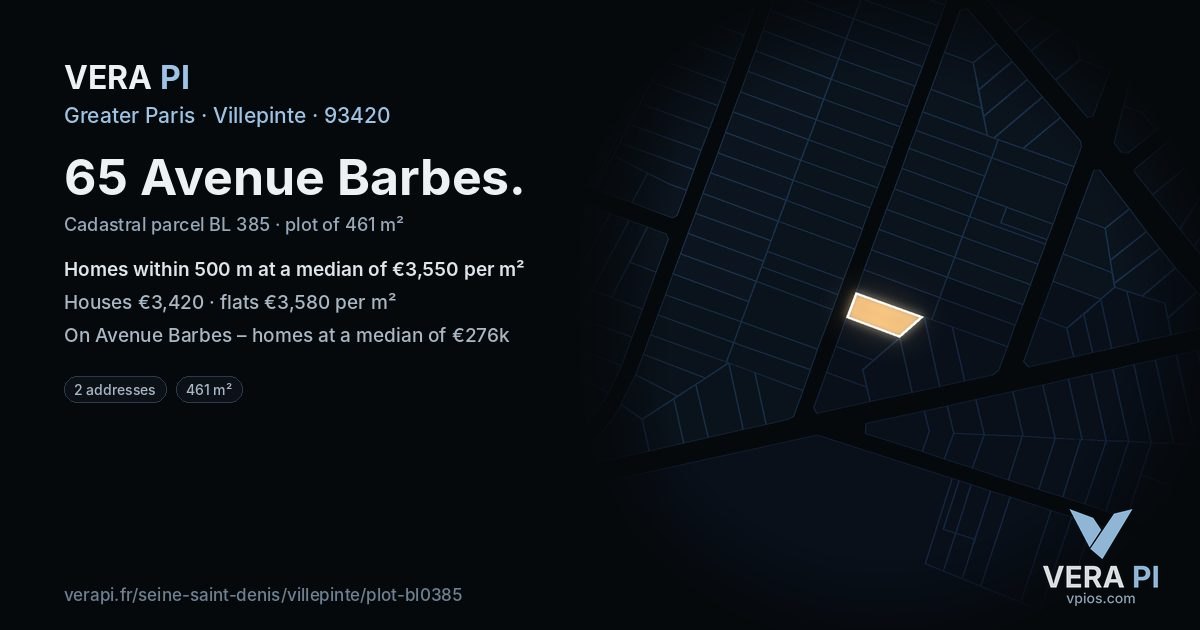 65 Avenue Barbes, Villepinte at night – the plot lit, the parcels around coloured by the prices near them
