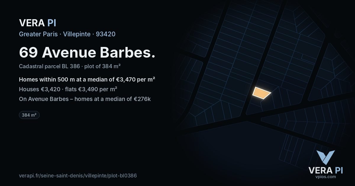 69 Avenue Barbes, Villepinte at night – the plot lit, the parcels around coloured by the prices near them