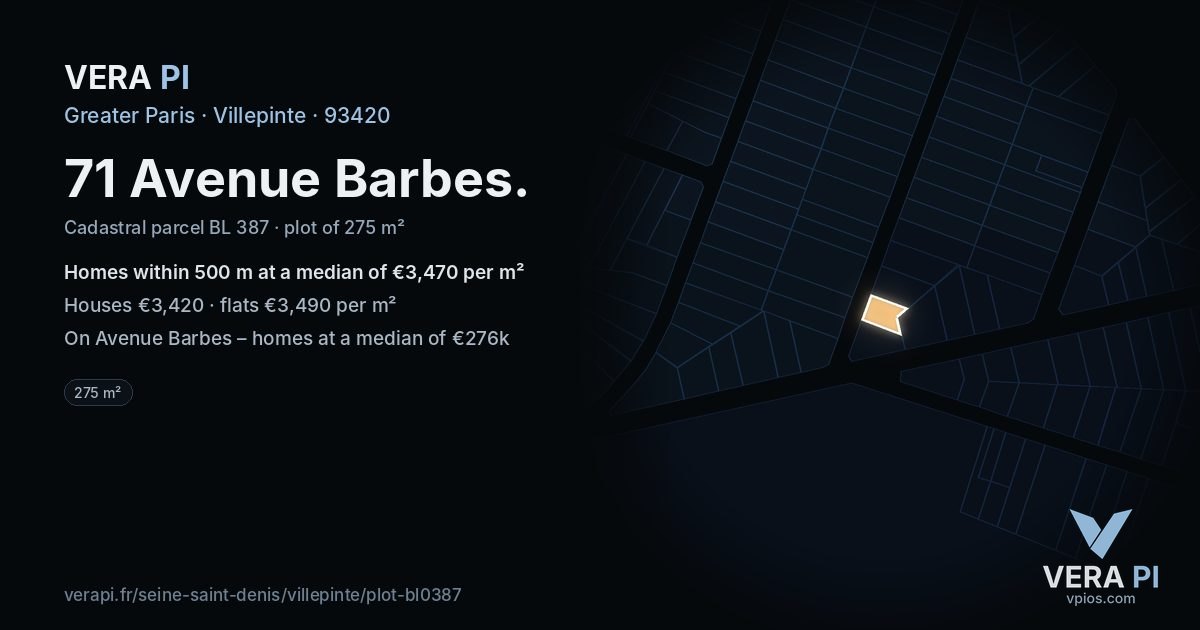 71 Avenue Barbes, Villepinte at night – the plot lit, the parcels around coloured by the prices near them