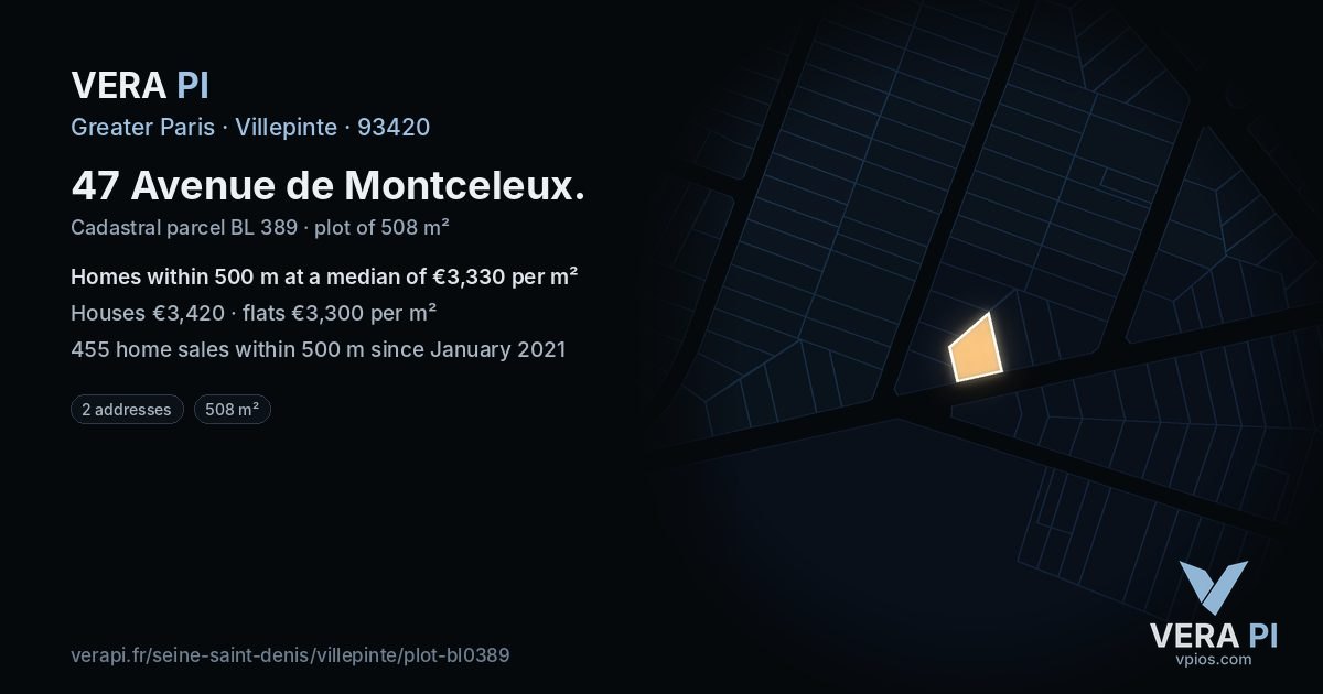 47 Avenue de Montceleux, Villepinte at night – the plot lit, the parcels around coloured by the prices near them