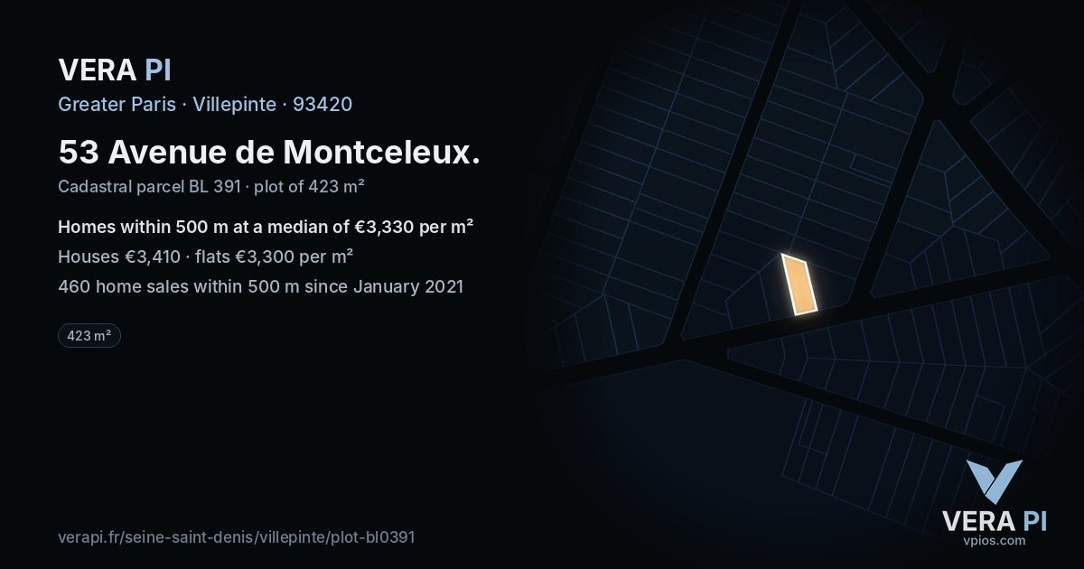 53 Avenue de Montceleux, Villepinte at night – the plot lit, the parcels around coloured by the prices near them