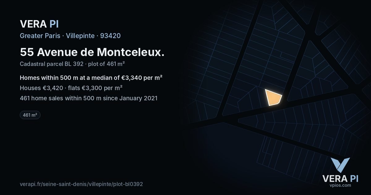 55 Avenue de Montceleux, Villepinte at night – the plot lit, the parcels around coloured by the prices near them