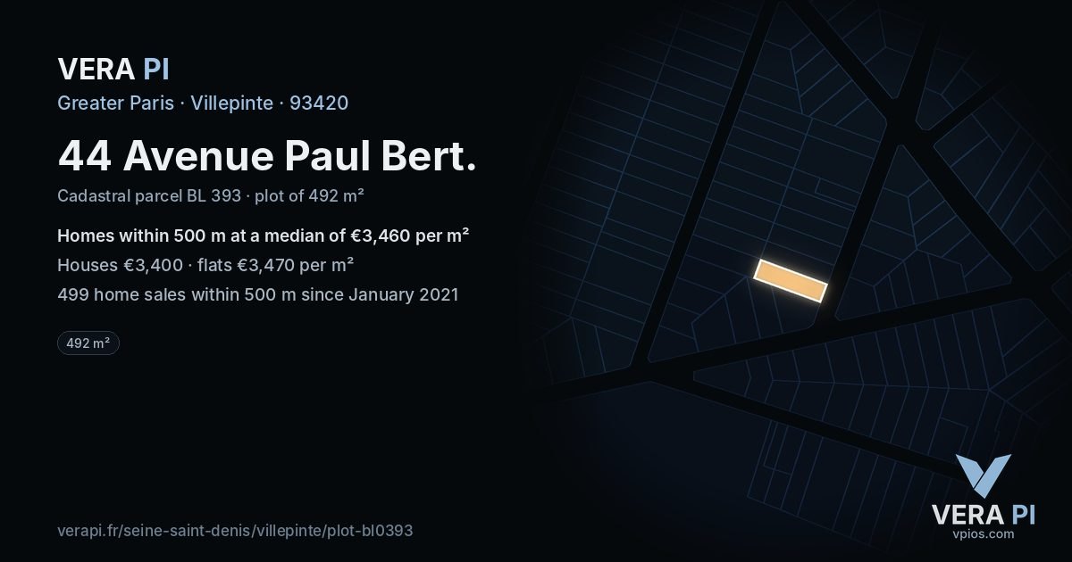 44 Avenue Paul Bert, Villepinte at night – the plot lit, the parcels around coloured by the prices near them