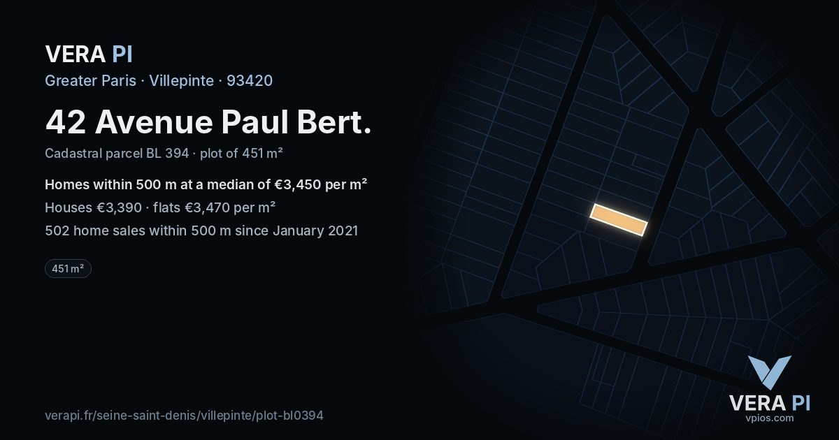 42 Avenue Paul Bert, Villepinte at night – the plot lit, the parcels around coloured by the prices near them