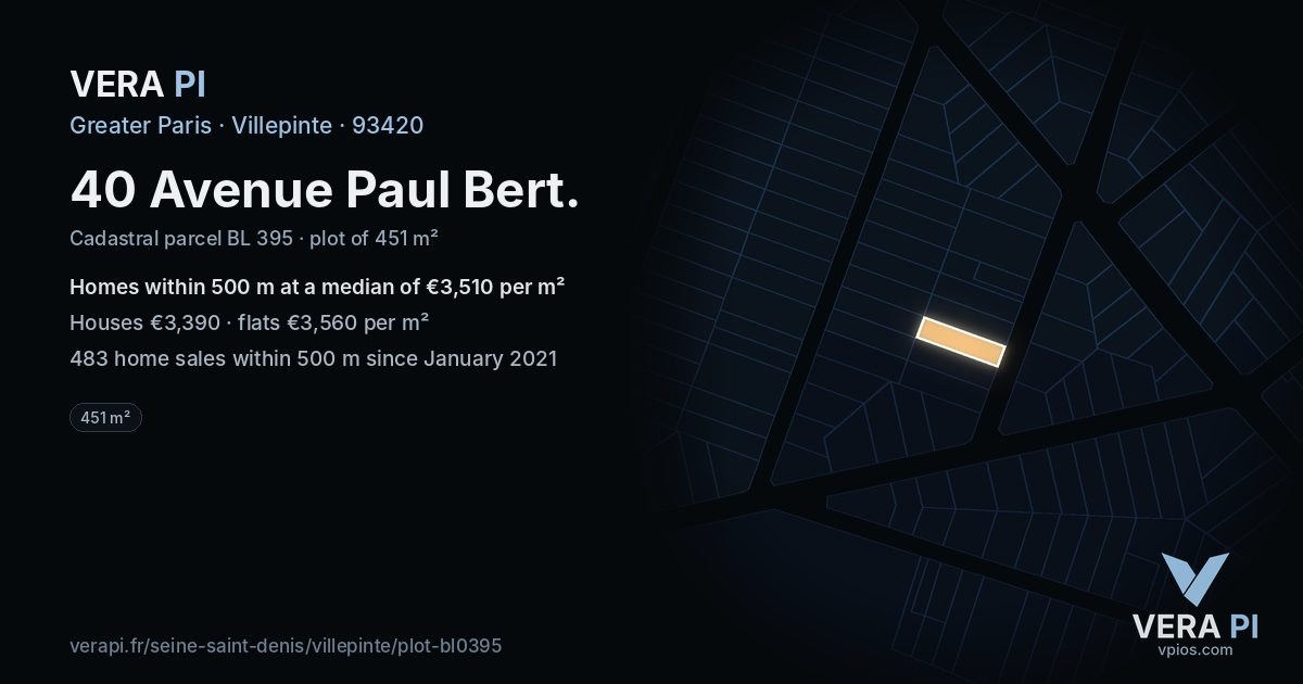 40 Avenue Paul Bert, Villepinte at night – the plot lit, the parcels around coloured by the prices near them